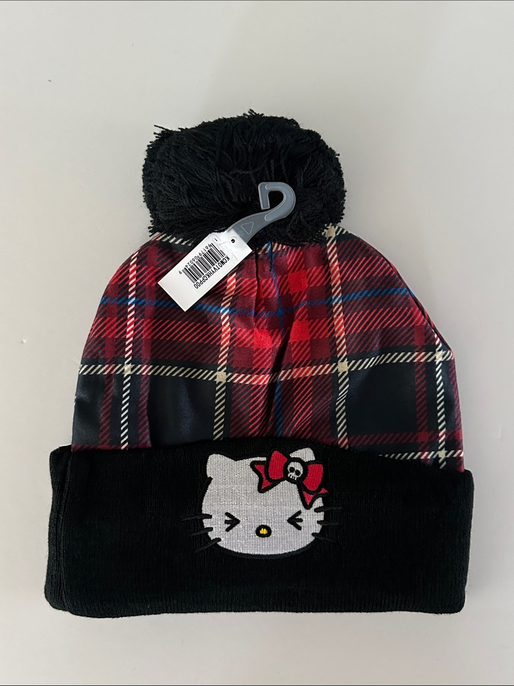Hello Kitty Black & Red Plaid Pom Pom Beanie Hat